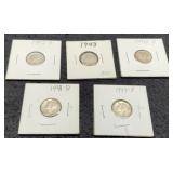 (5) M. Dimes 1941-D, 42, 2-43, 44 XF