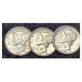 (3) 1940 M. Dimes P,D,S Unc., Unc., XF