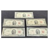 (5) 1953 $2 Red Seal Notes