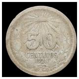 1921 Mexico 50 Centavos Silver 72%/.1929 oz.