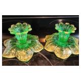 Uranium Glass Candle Holder Set Gilded Petals