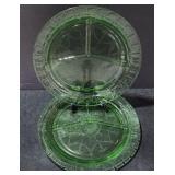 Two 10.5" Green Depression Glass Grill Plates