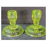 Imperial Swirl Base Vaseline Glass Candle Holders