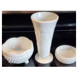 Milk Glass Vase, Footed Bowl & Trinket Dish