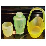 3pc Satin Vaseline / Uranium Glass Perfume, etc.