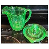 Uranium Glass Small Pitcher & Juice Reamer, Glows