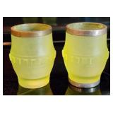 Vaseline Glass Wheel Hub Barrel Toothpick Holders