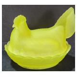 Large 8" Vaseline Glass Hen on Next, Glows