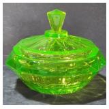 7" Heavy Vaseline Glass Covered Candy Dish