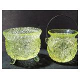 Two Vintage Vaseline Glass Gypsy Pot Toothpicks