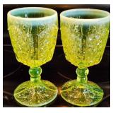 Pair of 6.5" Vaseline Glass Daisy & Button Goblet
