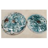 Pair of Early Teal Chrysolite Graniteware Pot Lids