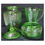 4 Pcs Green Depression / Uranium Glass, Vase, etc.