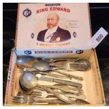 Cigar Box of Vintage Silverplate Flatware, etc.