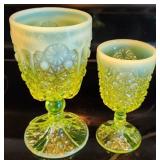 Vaseline Glass Daisy & Button Goblets 6.5" 4.75"
