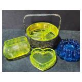 3 Vaseline Glass Dishes & Cobalt Piano Insulator
