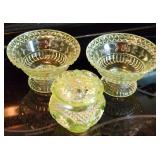Vaseline Glass Small Covered Jar, Open Bowls