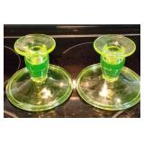 Pair of Vaseline Glass Candle Holders, Glow