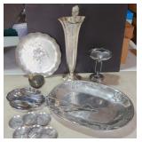 Lg Pewter Tray, Silverplate Vase, Tin Coasters,