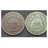 Pair of 1868 US Obsolete Shield Nickels