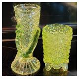 Vaseline Glass Cornucopia Hand Vase & Toothpick