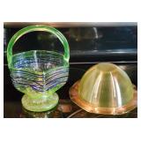 7" Kralik Two-Tone Threaded Vaseline Glass Basket