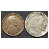 1913 Type 1 Buffalo Nickel & 1909 Lincoln Cent