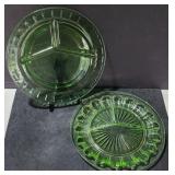 2 Green Uranium Glass Divided Grill Plates 10.5"