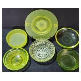 6 Vaseline Glass Bowls & Table Items 4" to 7", G