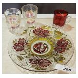 Goofus Glass Plate, Cherry Tumblers, Ruby Flash