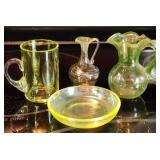 4pc Miniature Vaseline Glass Vases, Bowl, Ewer