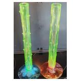 Rare Two-Tone Vaseline Glass Thorn Vases