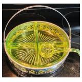 Vaseline Glass Divided Relish Dish & Spoon