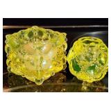 Pair of Vaseline Glass Quilt Pattern Candle