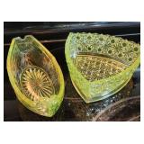 EAPG Vaseline Glass Boat Dish & Triangle Bowl