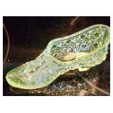 Vaseline Glass Victorian Shoe w/ Advertising