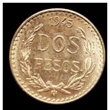 1945-M Mexico Gold Dos 2 Pesos 90%/1.67 G