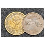 (2) German Coins 1939 5 Pfennig w/