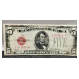 1928B $5 Red Seal Note XF w/ 1/2" Edge Tear