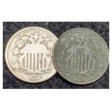 (2) Shield Nickels 1866, 1867
