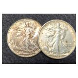 (2) W. Liberty Half Dollars 1942-S, 1945 AU Toned
