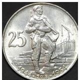 1954 Czechoslovakia 25 Korun .500 Silver Coin BU