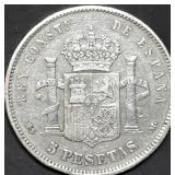 1884 Spain 5 Pesetas .900 Silver Coin