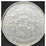1893 Spain 5 Pesetas .900 Silver Coin