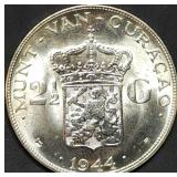 1944 Netherlands Curacao 2.5 Gulden Silver Dollar