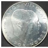 1970 Norway 25 Kroner 87.5% Silver 29g Gem BU