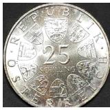 1964 Austria 25 Schilling 80% Silver Coin Gem BU