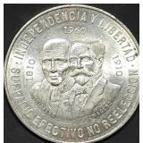 1960 Mexico 10 Pesos 90% Silver Dollar Coin