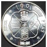 1966 Spanish 100 Pesetas 80% Silver Coin Gem BU