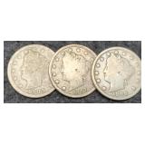 (3) V Nickels: 1905, 06, 07